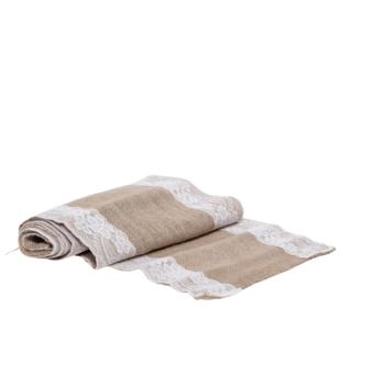 Chemin de table en jute avec brodure dentelle blanche